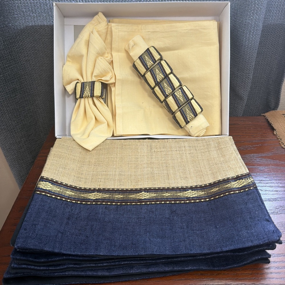 Vintage Placemats / Napkins & Rings 6 pc setting NIB Asian Handwoven Mid Century